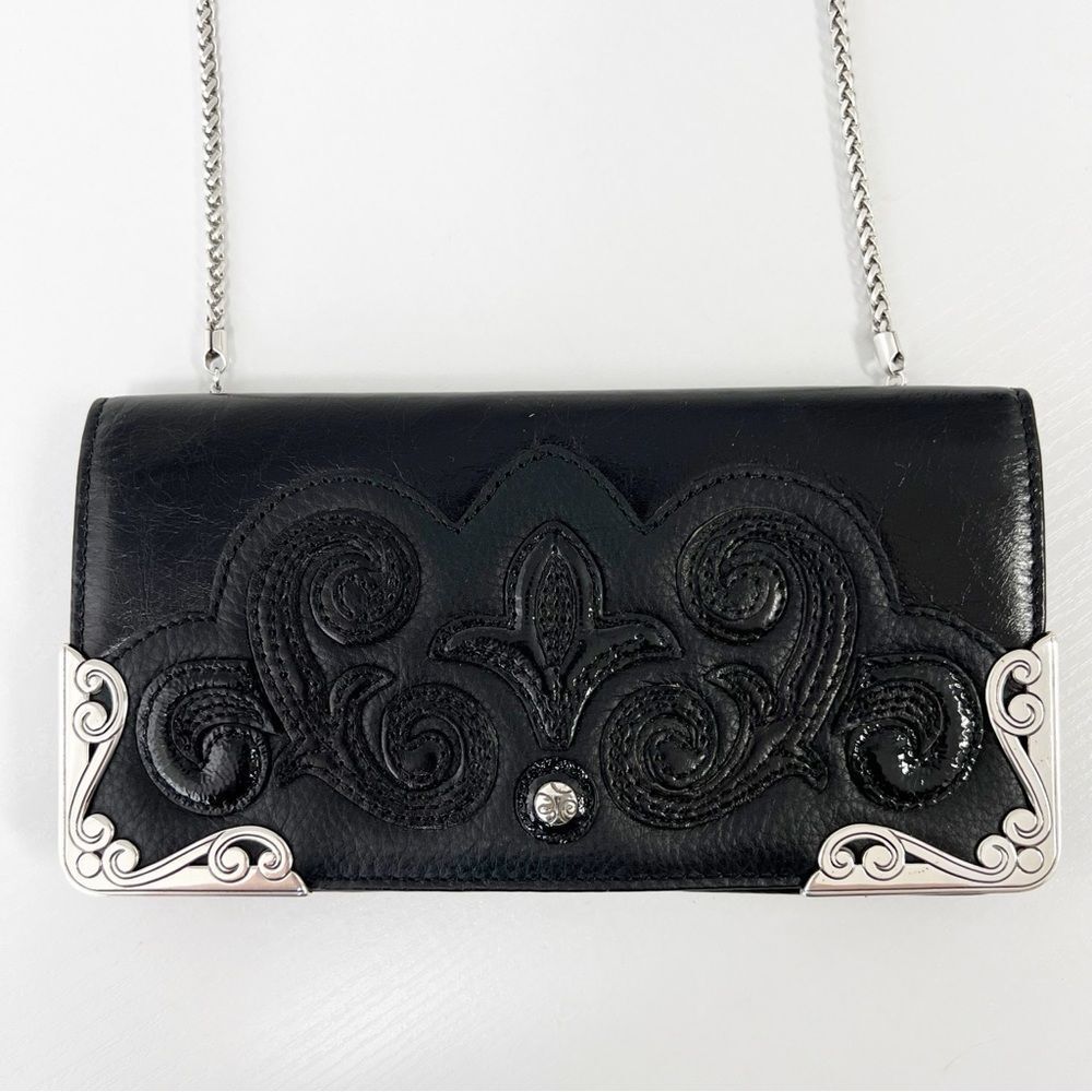 Brighton Rockmore Large Wallet on a Chain Crossbody Black Silver Patent Leather